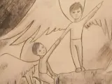 Dibujo en el que Óliver, el hermano difunto de Julen, le saca del pozo para guiarle al cielo.