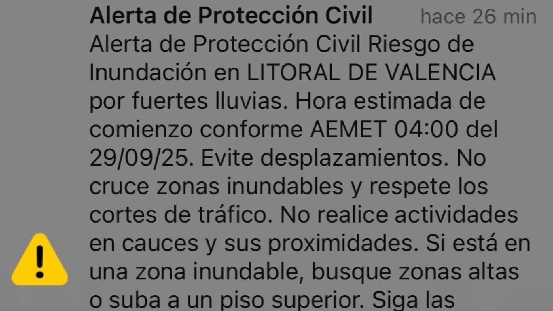 Protección Civil envía un mensaje Es-Alert avisando del riesgo de inundación por fuertes lluvias en Valencia y Castellón