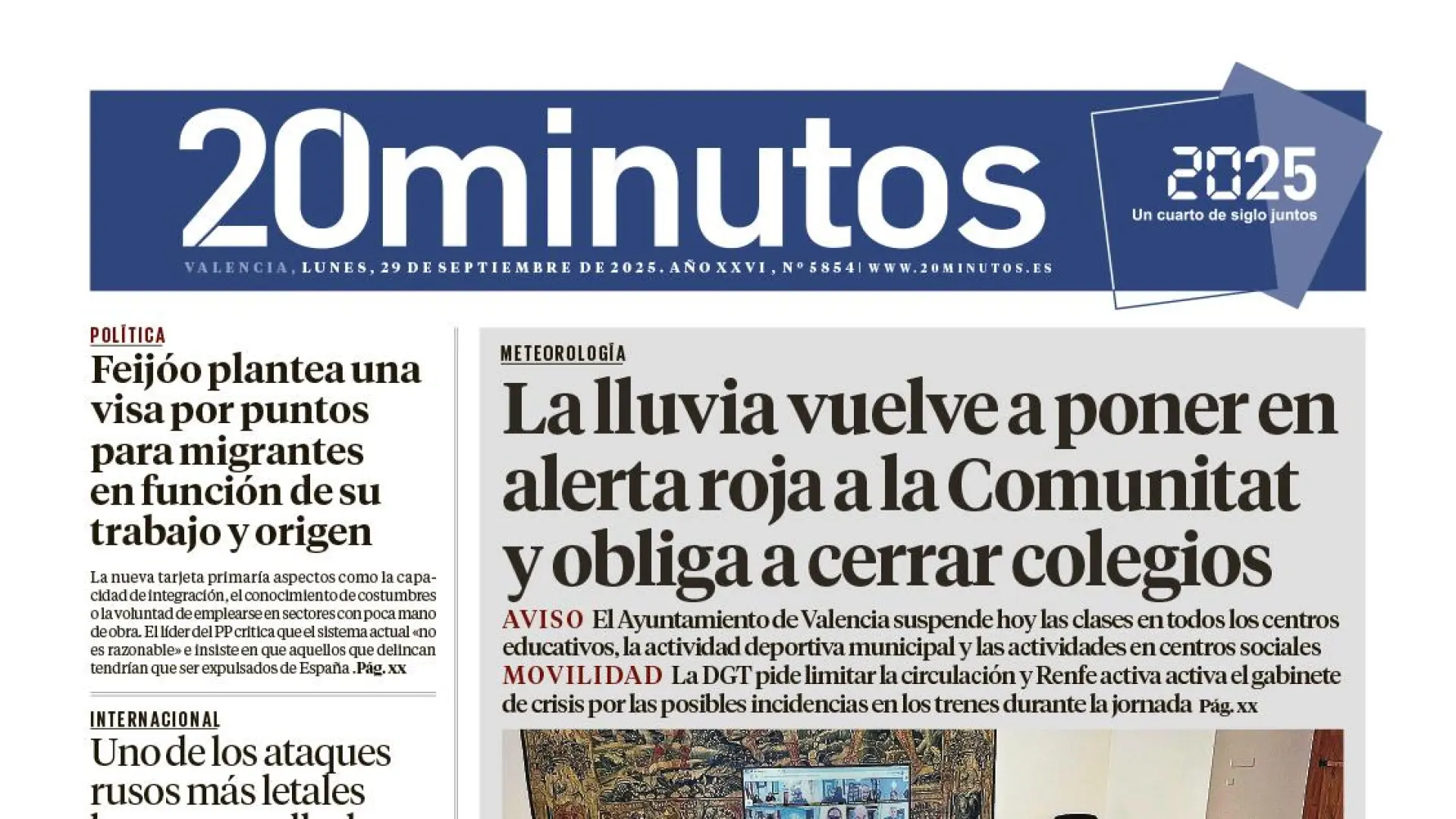 '20minutos' no sale a la calle en Valencia este lunes 29 de septiembre por las lluvias, pero puede leer su edición impresa en nuestra web