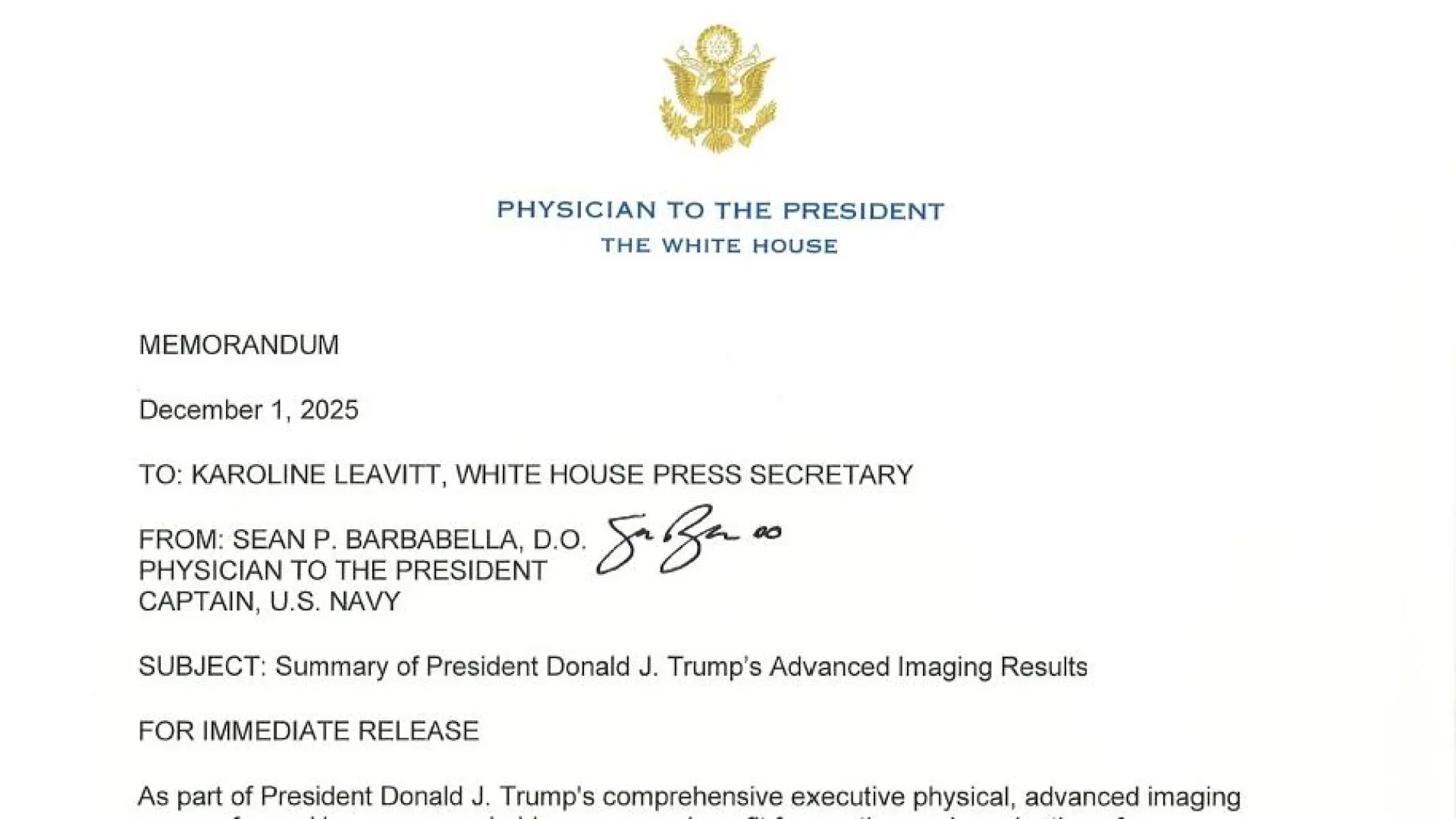 La Casa Blanca publica los resultados de la resonancia a la que se sometió Trump