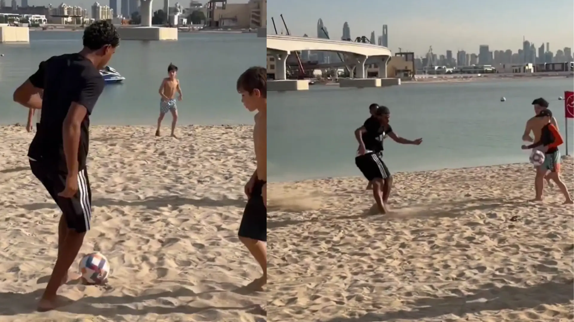 El momentazo de Lamine Yamal en Dubái: partidillo con unos niños en la playa para celebrar la Navidad