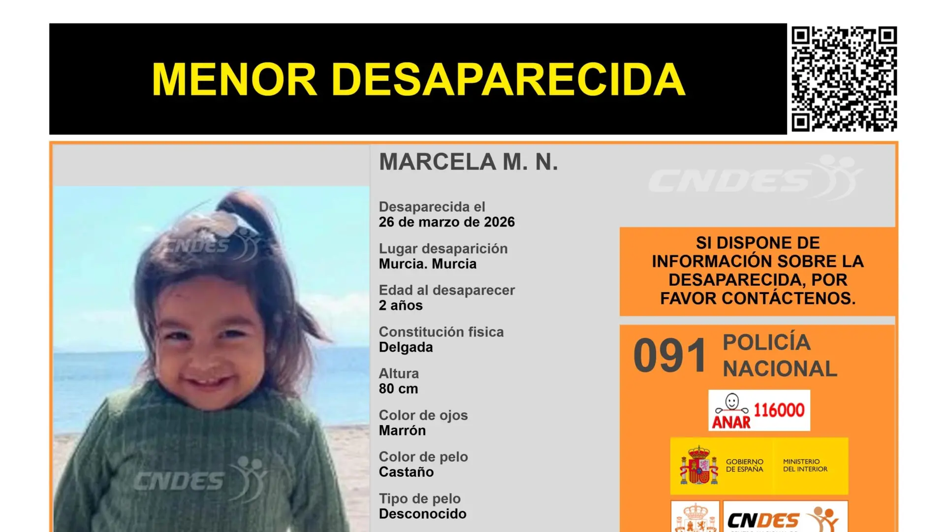 Localizada en buen estado la niña de dos años desaparecida en Murcia desde final de marzo