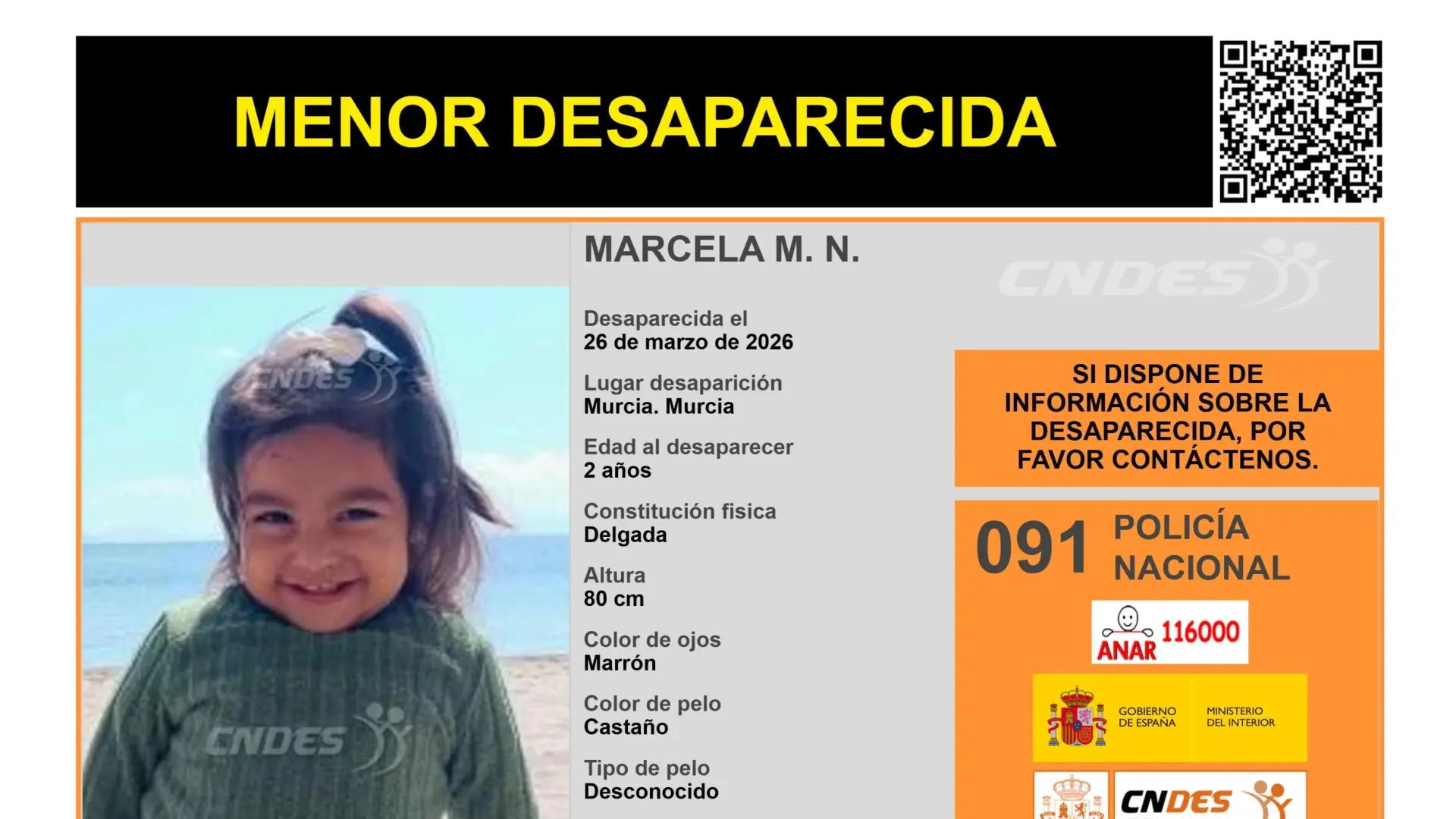 
         Buscan en Murcia a Marcela, una niña de dos años desaparecida el 26 de marzo 
    