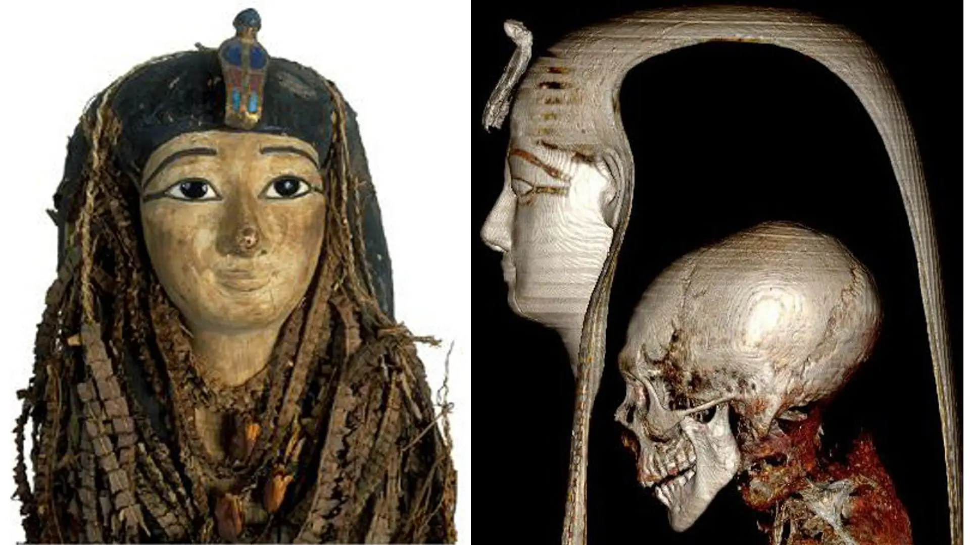 30 amuletos, cuentas de oro y un cerebro intacto: una tomografía revela el interior de la máscara funeraria de Amenhotep I