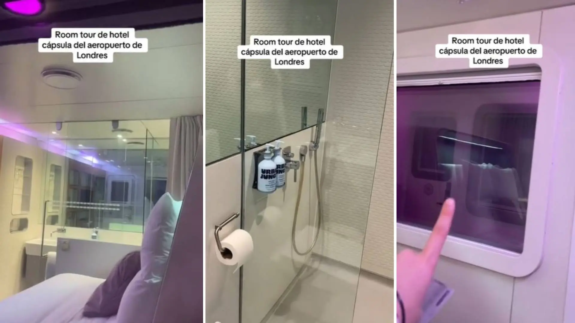 Una joven muestra cómo es el hotel cápsula en un aeropuerto de Londres