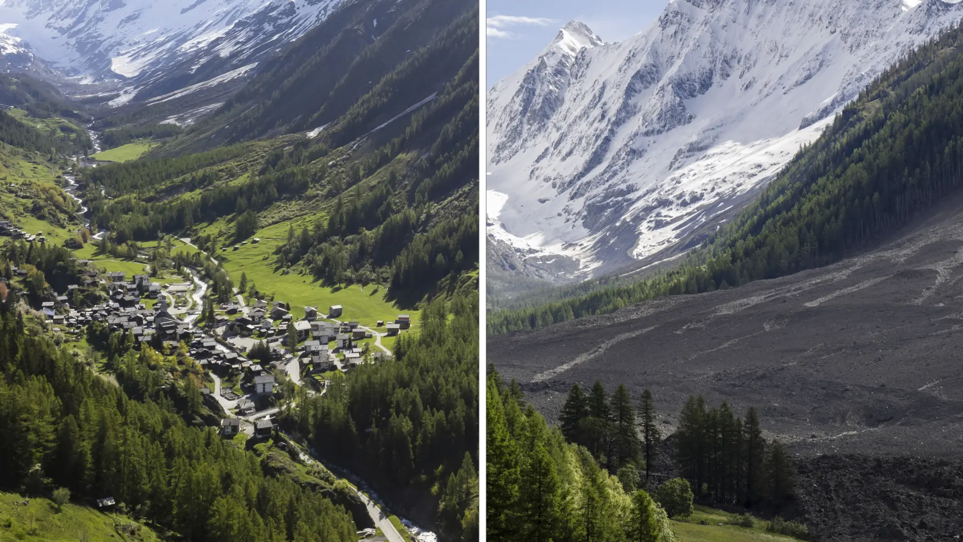 Imágenes del antes y el después del derrumbe del glaciar que arrasó la ciudad suiza de Blatten.