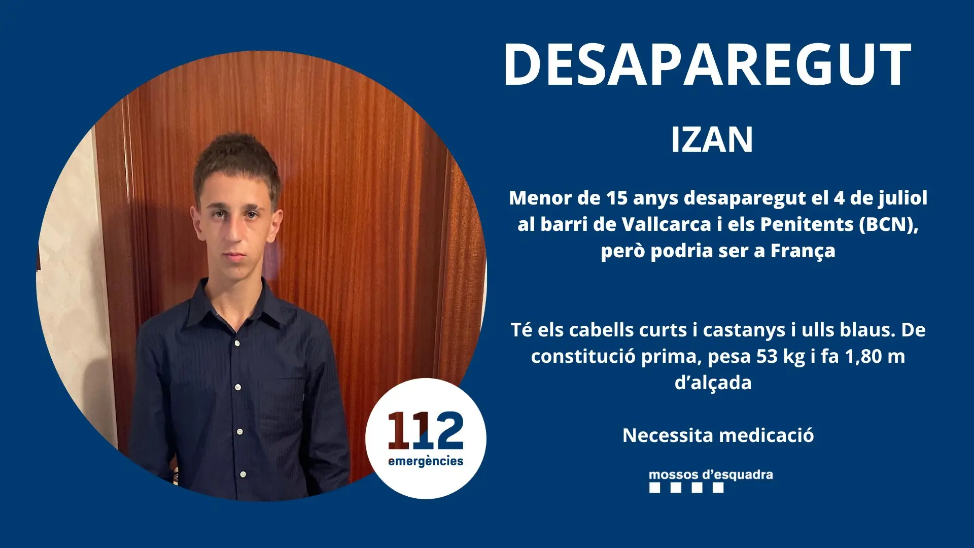 Los Mossos buscan a Izan, un menor de 15 años desaparecido en Barcelona el viernes