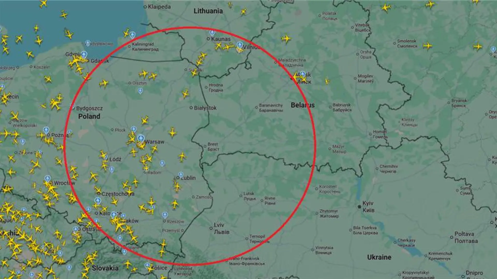 El 'agujero aéreo' de este jueves en la frontera con Polonia tras decretar que se limite el tráfico junto a Bielorrusia y Ucrania