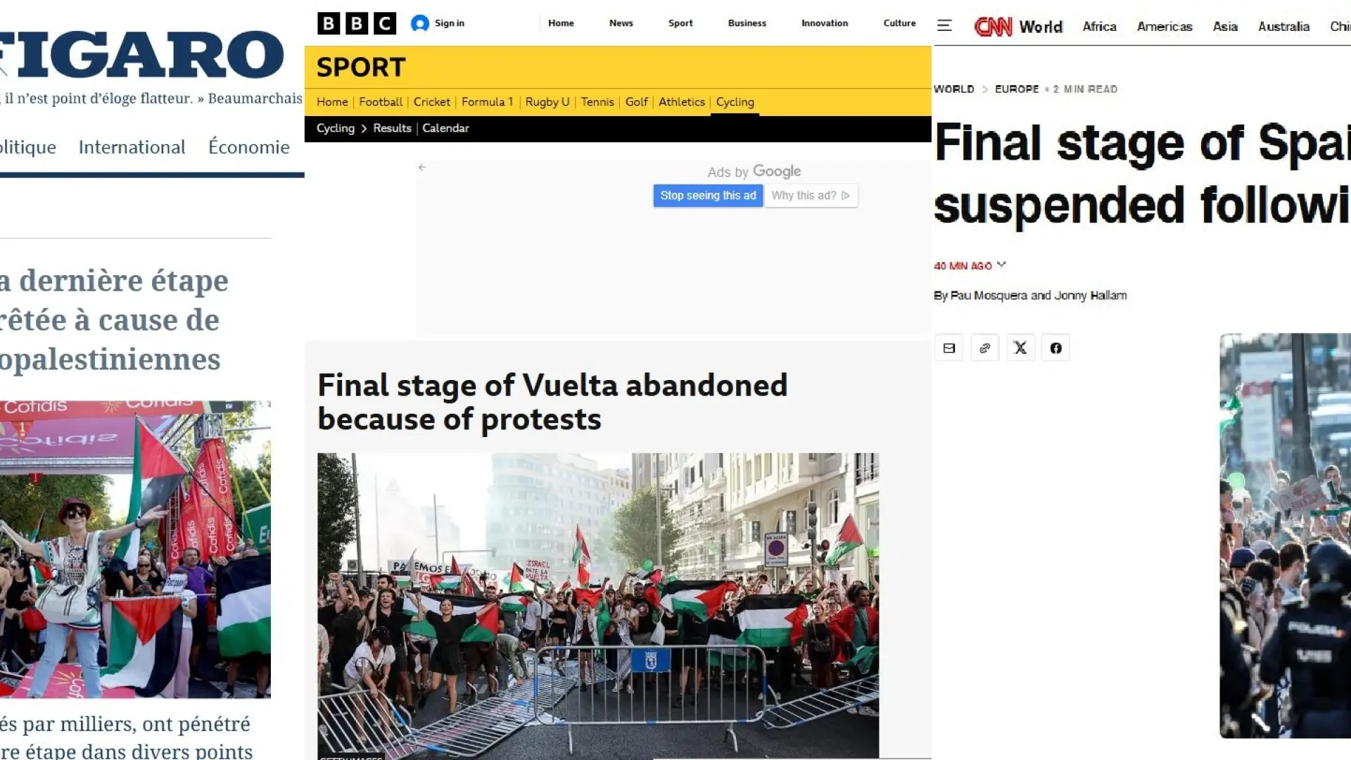 Reacciones de la prensa internacional a las protestas propalestinas que han cancelado la Vuelta: "Final violento, triste y escandaloso"