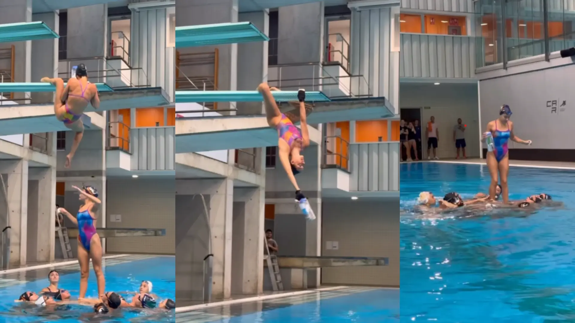 El loco reto del equipo de natación artística: Sara Saldaña, suspendida de un trampolín como Spider-Man y sincronización pasmosa