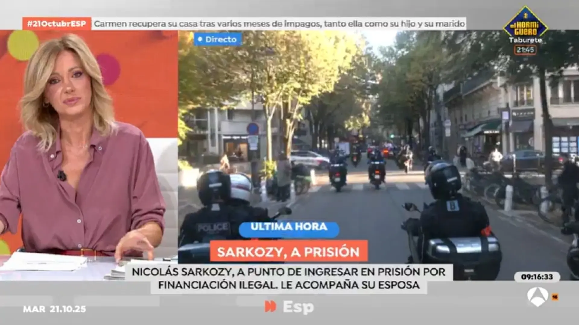 Susanna Griso recuerda la condición de Sarkozy en su visita a 'EP' en 2023: "Yo no me podía levantar en el momento de saludarle"