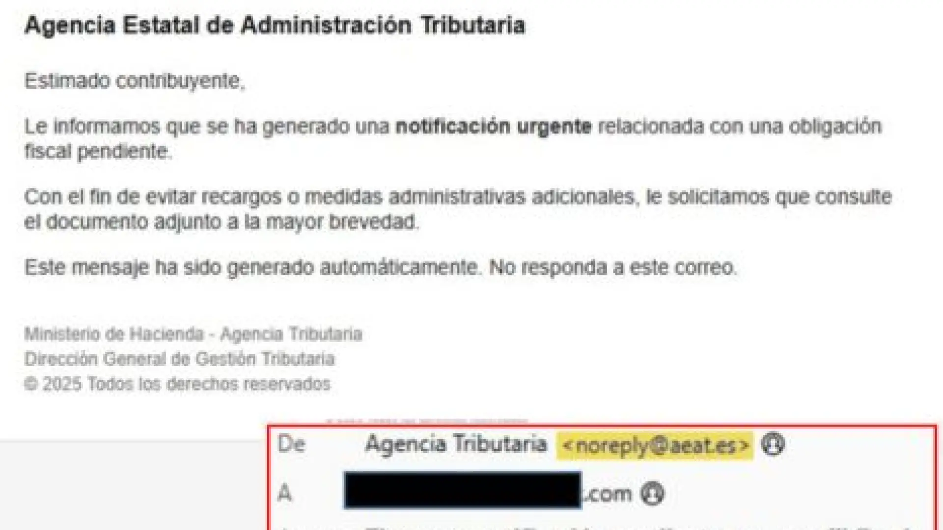 국세청은 ‘@aeat.es’ 도메인으로 주장된 세금 책임을 알리는 이메일을 보내지 않았습니다. 국세청은 ‘@aeat.es’ 도메인으로 주장된 세금 책임을 알리는 이메일을 보내지 않았습니다.