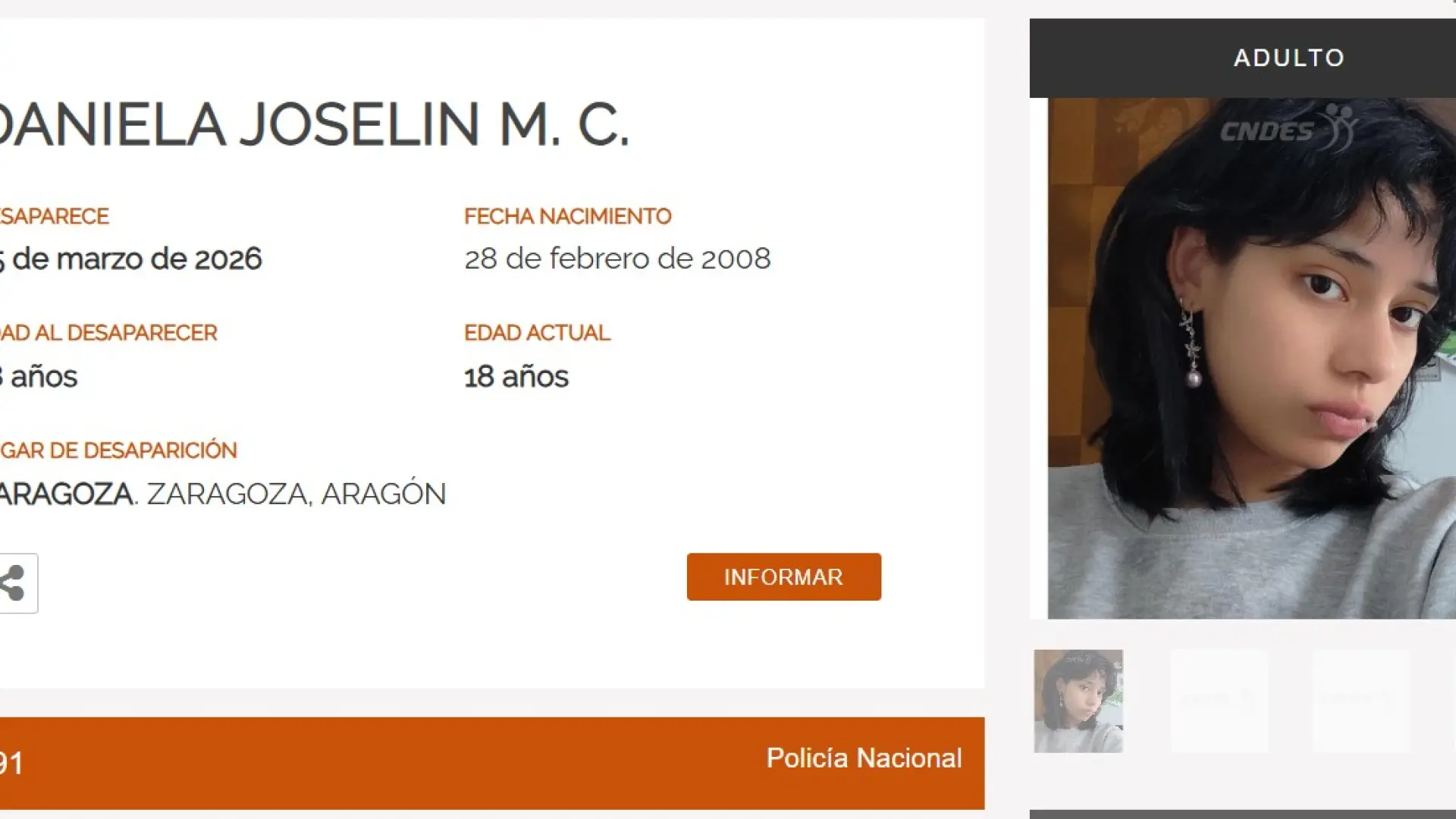 
         La Policía Nacional busca a una joven de 18 años desaparecida en Zaragoza 
    