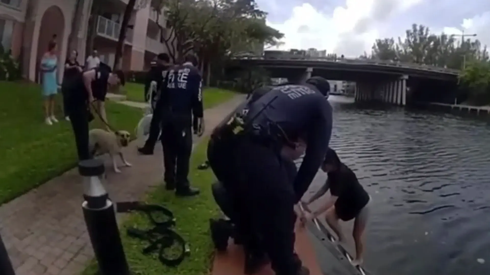 
         Doble salvamento: una mujer es rescatada de un canal mientras intentaba sacar a su perra 
    