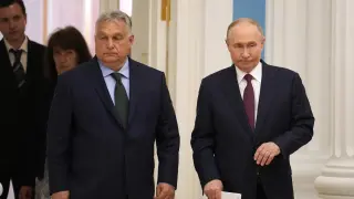 El presidente ruso, Vladimir Putin, a la derecha, y el primer ministro húngaro, Viktor Orbán, durante la visita de este último a Moscú en julio de 2024.