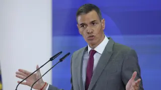 MADRID, 01/09/2025.- El presidente del Gobierno, Pedro Sánchez, durante la clausura del acto ‘Por un pacto de Estado frente a la emergencia climática’, este lunes en Madrid. EFE/ Chema Moya
