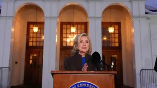 Former Secretary of State Hillary Clinton speaks outside the Chappaqua Performing Arts Center, after testifying before U.S. House lawmakers as part of a congressional investigation into convicted sex offender Jeffrey Epstein, Thursday, Feb. 26, 2026, in Chappaqua, N.Y. (AP Photo/Yuki Iwamura)