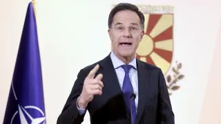SKOPJE (Republic of North Macedonia), 03/03/2026.- NATO Secretary General Mark Rutte react? during the press conference in Skopje, North Macedonia, 03 March 2026. Rutte is on an official visit to North Macedonia. EFE/EPA/GEORGI LICOVSKI