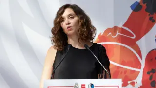 Isabel Díaz Ayuso en la presentación del partido amistoso de baloncesto que disputarán el Real Madrid y los Dallas Mavericks