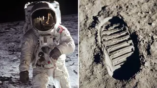 El astronauta Buzz Aldrin en la superficie lunar. A la derecha, la huella de Neil Armstrong, uno de los recuerdos dejados en la Luna por parte de la tripulación de las misiones Apolo.