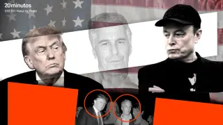 The image is a composite featuring four prominent male figures set against a backdrop of the American flag. On the left is a photograph of Donald Trump with a serious expression, and on the right is Elon Musk wearing a black cap and black clothing, also displaying a serious demeanor. In the center, a faded image of a smiling Jeffrey Epstein is visible behind the flag. Below them, two smaller black-and-white photos of men are circled in red, partially obscured by red geometric shapes at the bottom of the image. The overall composition suggests a connection or comparison among these individuals.