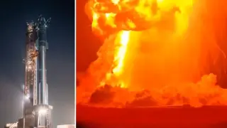 Cohete Starship en la plataforma de lanzamiento de SpaceX y el momento de la explosión del vehículo en la Starbase (Texas).