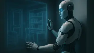 Robot humanoide mirando a través de una pared.