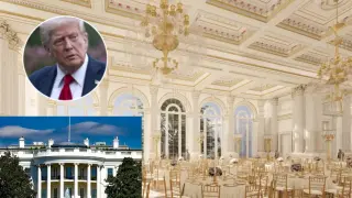 The image shows a grand, ornate ballroom with high ceilings, intricate moldings, and large arched windows allowing natural light to fill the space. The room is decorated in a classical style with elegant chandeliers hanging from the ceiling and numerous round tables covered in white tablecloths arranged throughout the area. In the lower left corner, there is a smaller inset photo of the exterior of the White House, and above that is a circular inset image of a man with light-colored hair wearing a dark suit, white shirt, and red tie.