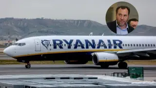 El ministro de Transportes, Óscar Puente, y un avión de Ryanair.