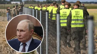 Soldados polacos inspeccionan el terreno tras la incursión de drones rusos en su espacio aéreo. Insertada, una imagen de Vladimir Putin.