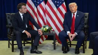 President Donald Trump meets with French President Emmanuel Macron, during the United Nations General Assembly, Tuesday, Sept. 23, 2025, in New York. (AP Photo/Evan Vucci)