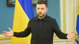 El presidente ucraniano, Volodimir Zelenski, durante una rueda de prensa este sábado en Kiev.