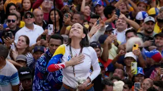 FILE - Venezuelan opposition leader Maria Corina Machado addresses supporters at a protest against President Nicolas Maduro in Caracas, Venezuela, Jan. 9, 2025, the day before his inauguration for a third term. (AP Photo/Ariana Cubillos, File) Associated Press / LaPresseOnly italy and spain