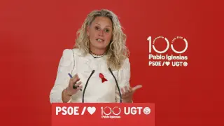 MADRID, 01/12/2025.- La portavoz del PSOE Montse Mínguez durante la rueda de prensa posterior al encuentro mantenido este lunes en la sede del PSOE, en Madrid, por el centenario del fallecimiento de Pablo Iglesias. EFE/ JJ Guillén