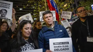 El líder opositor venezolano Leopoldo López, durante la Marcha por la Paz y la Libertad de venezolanos celebrada este sábado en Madrid.