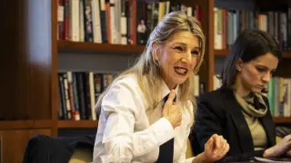 La vicepresidenta segunda del Gobierno, Yolanda Díaz, en el encuentro con académicos del Harvard Kennedy School este miércoles.