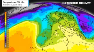 Zonas afectadas por el frente que llegará este miércoles 25 de febrero al oeste peninsular.