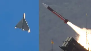 Combo de imágenes de un dron Shahed iraní (i) y un misil Patriot estadounidense.