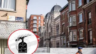 Imagen del logo del grupo islamista Ashab Al Yamim, insertado en una escena de esta semana del atentado contra una sinagoga en Lieja, Bélgica