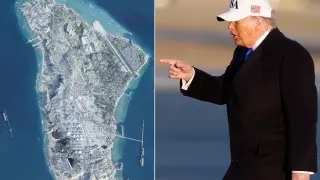 Combo de imágenes de la isla de Kharg y del presidente de EEUU, Donald Trump.
