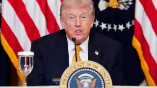 President Donald Trump speaks during a board meeting of the John F. Kennedy Memorial Center For The Performing Arts in the East Room of the White House, Monday, March 16, 2026, in Washington. (AP Photo/Alex Brandon)