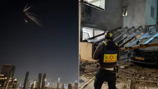 Cohetes en el cielo de Tel Aviv y daños tras una de las explosiones.
