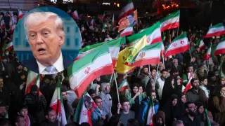 Trump y ciudadanos iraníes celebrando el acuerdo de alto el fuego.