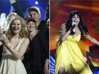 La danesa Emmelie de Forest (izda.) y Raquel del Rosario de El Sue&ntilde;o de Morfeo, en el certamen de Eurovisi&oacute;n.