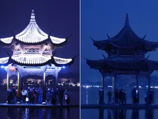 Dos fotos comparando el pabell&oacute;n Jixian, en la ciudad china de Hangzhou, antes y despu&eacute;s de la hora del planeta.