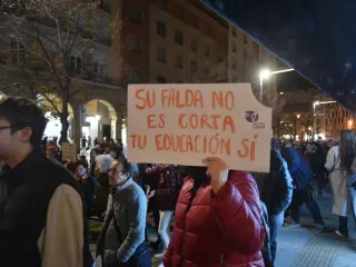 Una mujer muestra un cartel, durante la marcha por el 25N, a 25 de noviembre de 2023, en Zaragoza, Arag&oacute;n (Espa&ntilde;a).