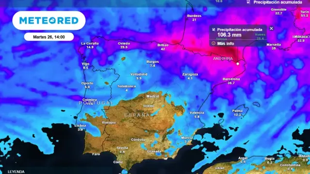 Según Meteored, podrían caer más de 100 l/m2 en el episodio de forma puntual en algunas zonas.