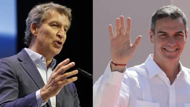 Composición de fotos de Alberto Núñez Feijóo y Pedro Sánchez, fotografiados este domingo en Sevilla y Santa Marta (Colombia), respectivamente.