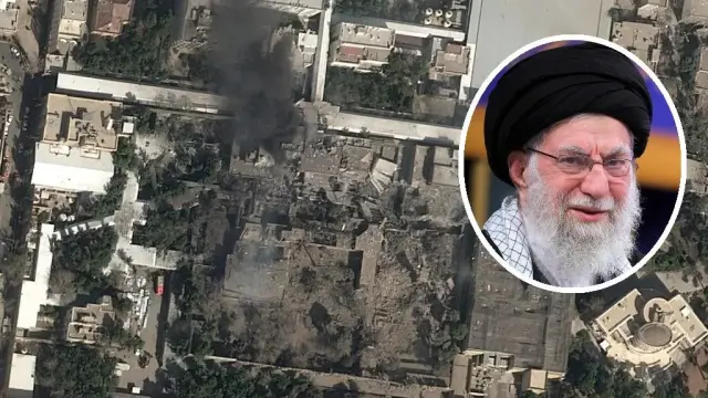 Imagen vía satélite de la residencia oficial de Jamenei, destruida, con una imagne del líder supremo de Irán.