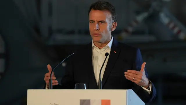 French President Emmanuel Macron speaks during a news conference joined by Cyprus President Nikos Christodoulides and Greece's Prime Minister Kyriakos Mitsotakis at Andreas Papandreou Air Base in Paphos, Cyprus, on Monday, March 9, 2026. (AP Photo/Petros Karadjias)